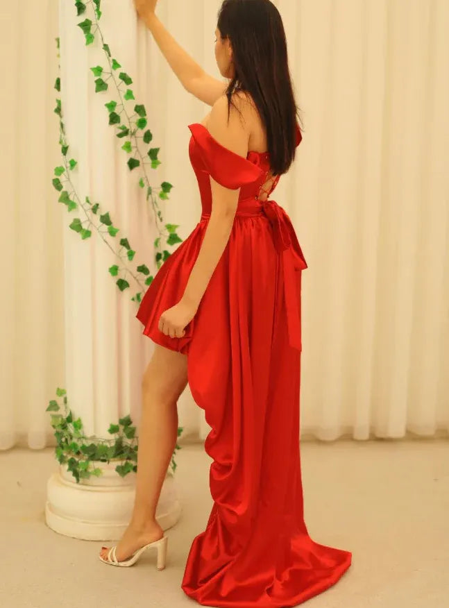 Red Off-The-Shoulder Satin High-Low Prom Gown with Train & Back Bow