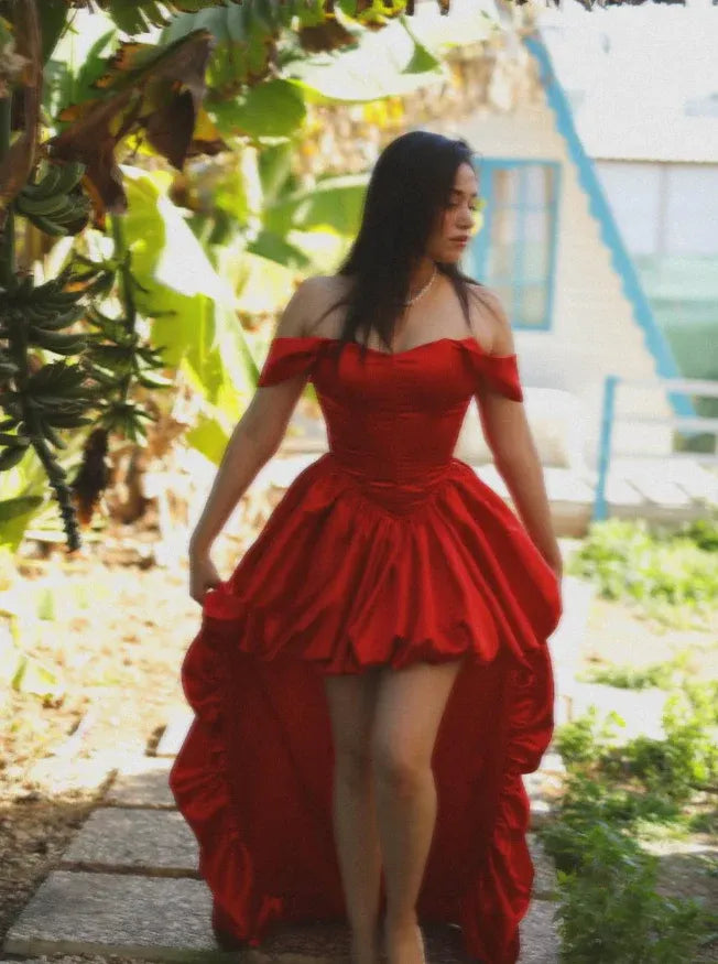 Red Off-The-Shoulder Satin High-Low Prom Gown with Train & Back Bow