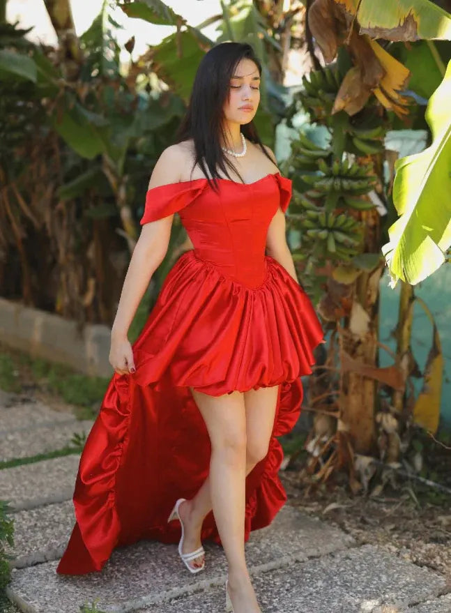 Red Off-The-Shoulder Satin High-Low Prom Gown with Train & Back Bow