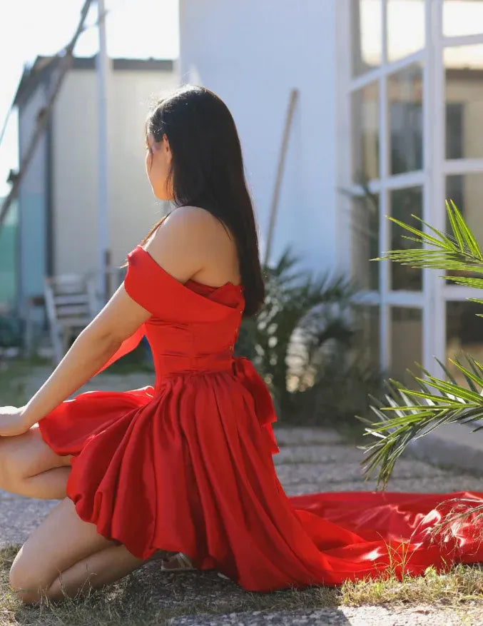 Red Off-The-Shoulder Satin High-Low Prom Gown with Train & Back Bow
