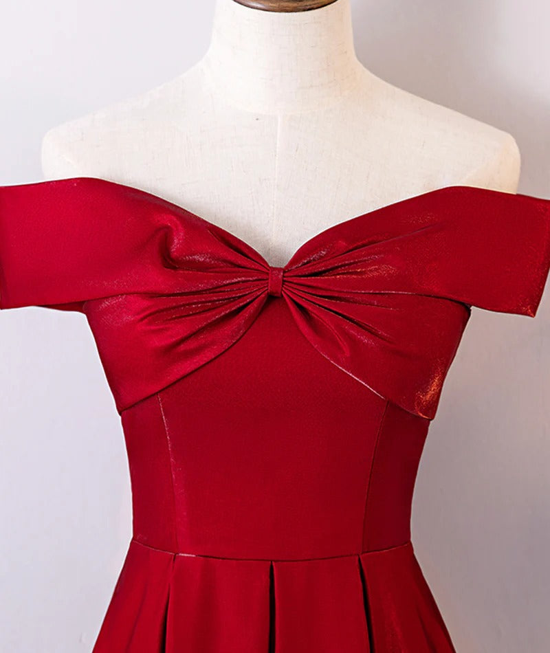 Red Off-the-Shoulder Satin A-Line Evening Gown with Pleated Lace-Up Back