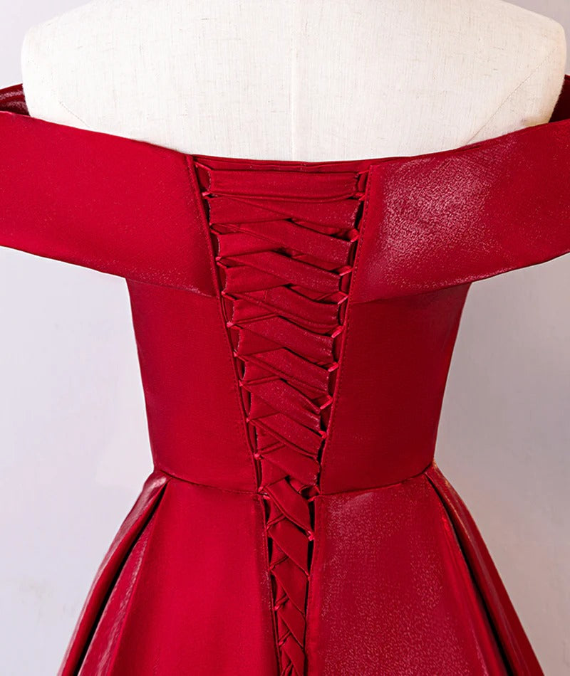 Red Off-the-Shoulder Satin A-Line Evening Gown with Pleated Lace-Up Back