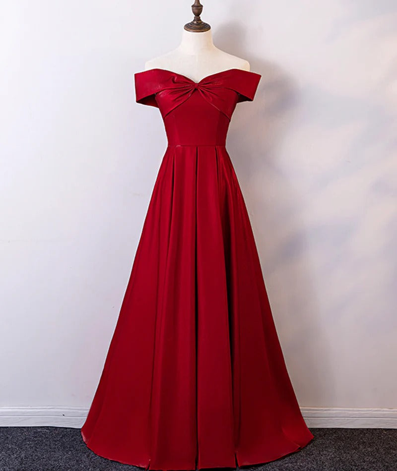 Red Off-the-Shoulder Satin A-Line Evening Gown with Pleated Lace-Up Back