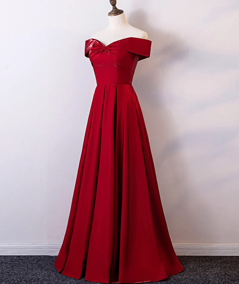 Red Off-the-Shoulder Satin A-Line Evening Gown with Pleated Lace-Up Back