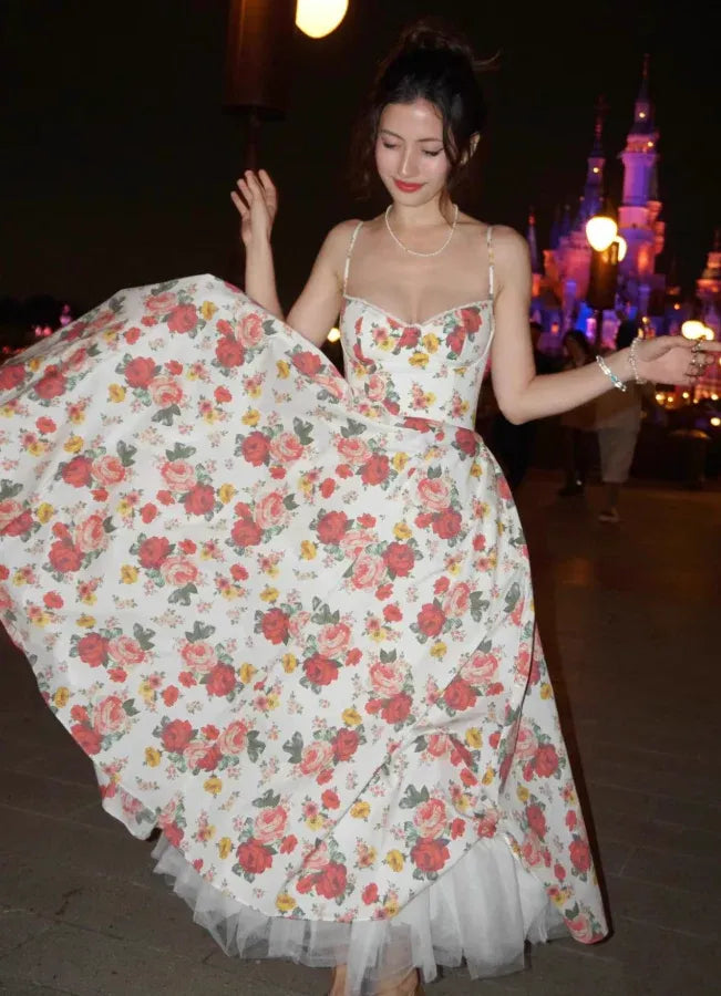Red Rose Floral Print Spaghetti Strap Full Skirt Maxi Dress
