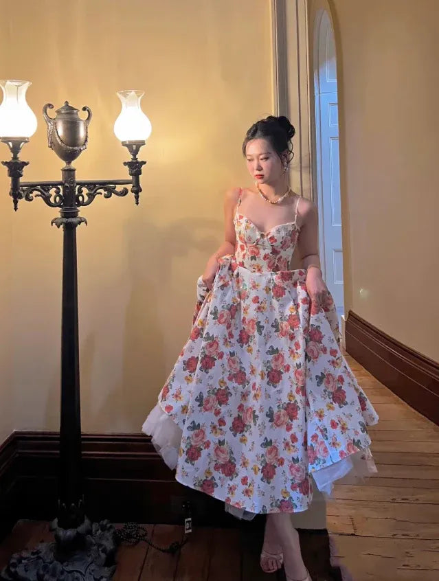 Red Rose Floral Print Spaghetti Strap Full Skirt Maxi Dress