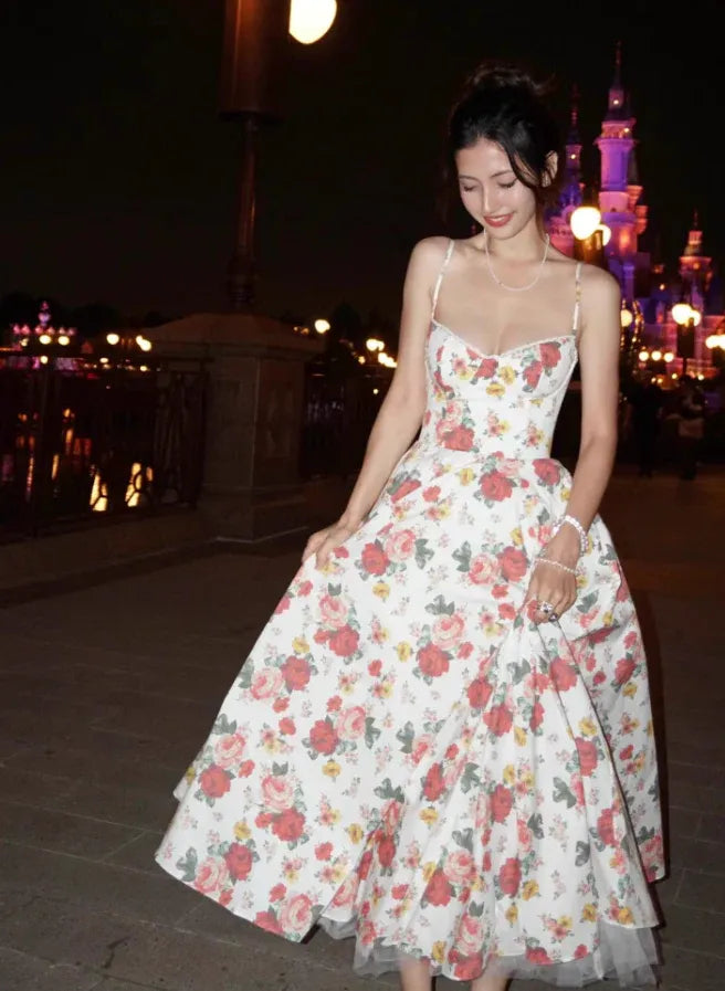 Red Rose Floral Print Spaghetti Strap Full Skirt Maxi Dress