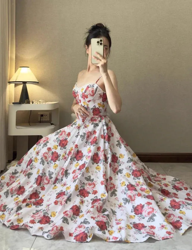 Red Rose Floral Print Spaghetti Strap Full Skirt Maxi Dress