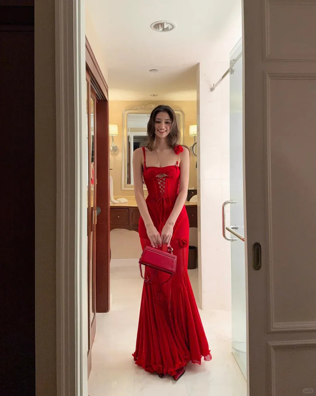 Red Rose Mermaid Prom Gown – Lace-Up Corset Dress with Ruffle Skirt