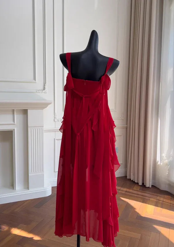 Red Ruffle Chiffon Maxi Gown – Sweetheart Neckline Formal Dress with Brooch