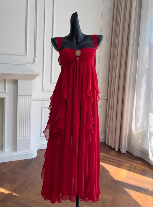 Red Ruffle Chiffon Maxi Gown – Sweetheart Neckline Formal Dress with Brooch