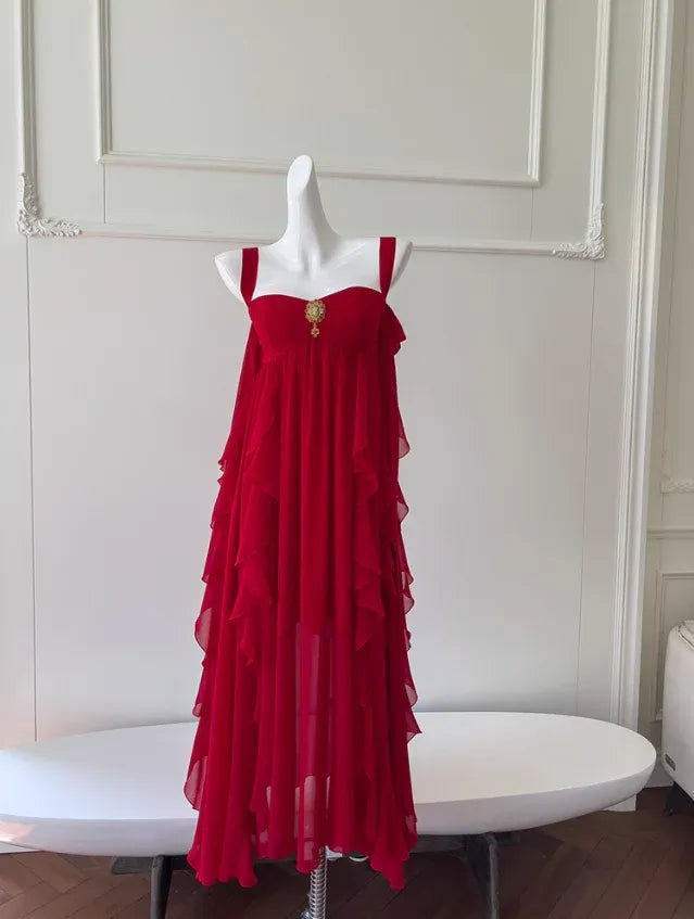 Red Ruffle Chiffon Maxi Gown – Sweetheart Neckline Formal Dress with Brooch