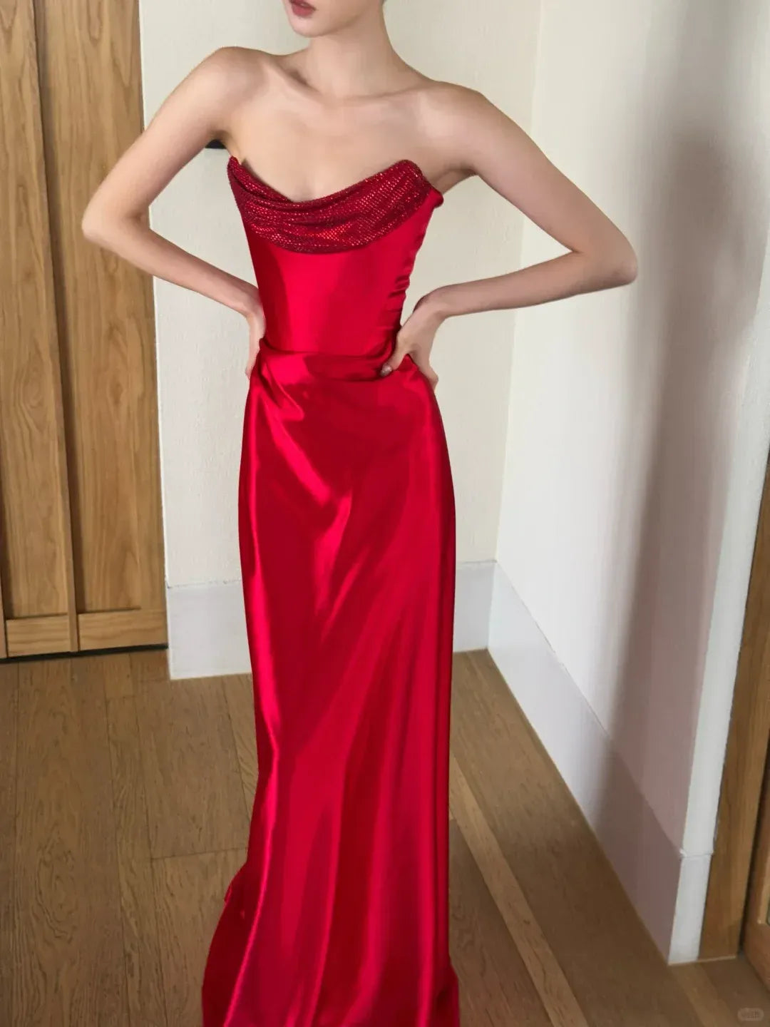 Red Satin Beaded Cowl Neck Gown – Strapless Column Evening Dress with Draped Waist