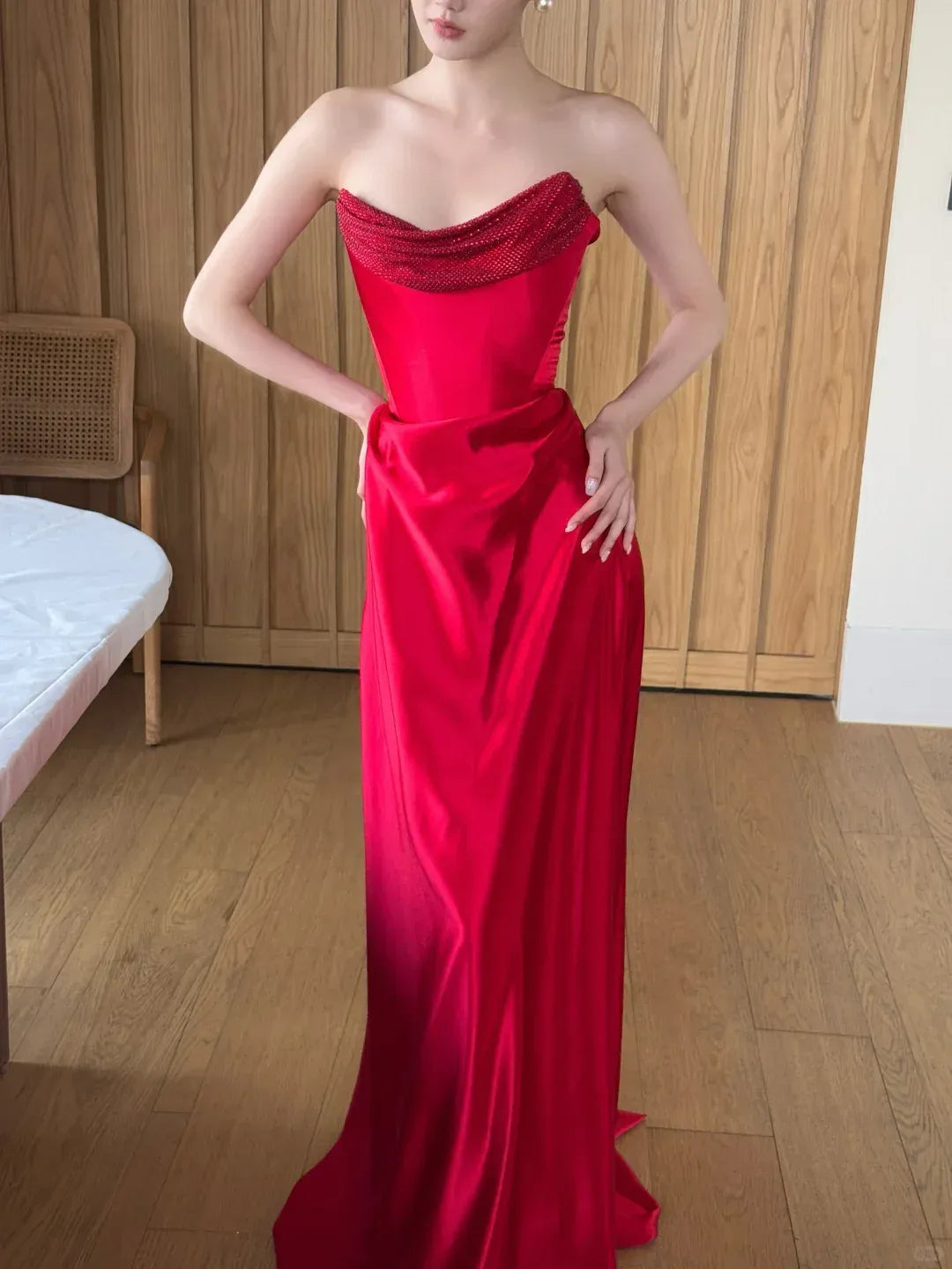 Red Satin Beaded Cowl Neck Gown – Strapless Column Evening Dress with Draped Waist