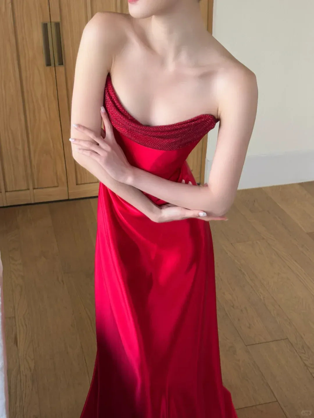 Red Satin Beaded Cowl Neck Gown – Strapless Column Evening Dress with Draped Waist