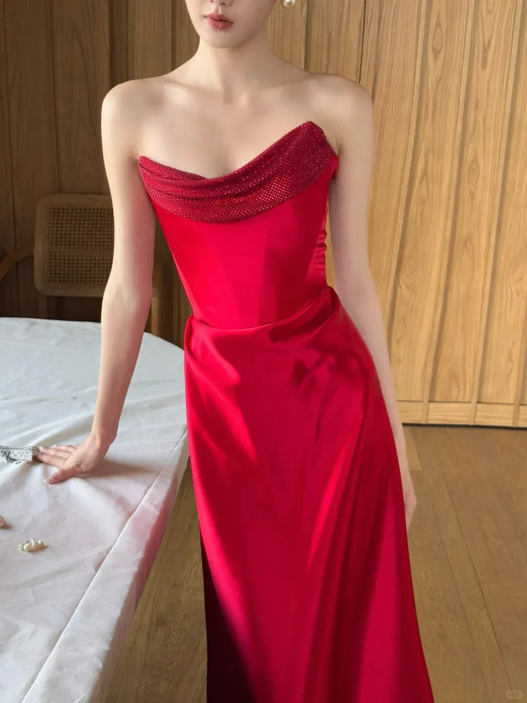 Red Satin Beaded Cowl Neck Gown – Strapless Column Evening Dress with Draped Waist