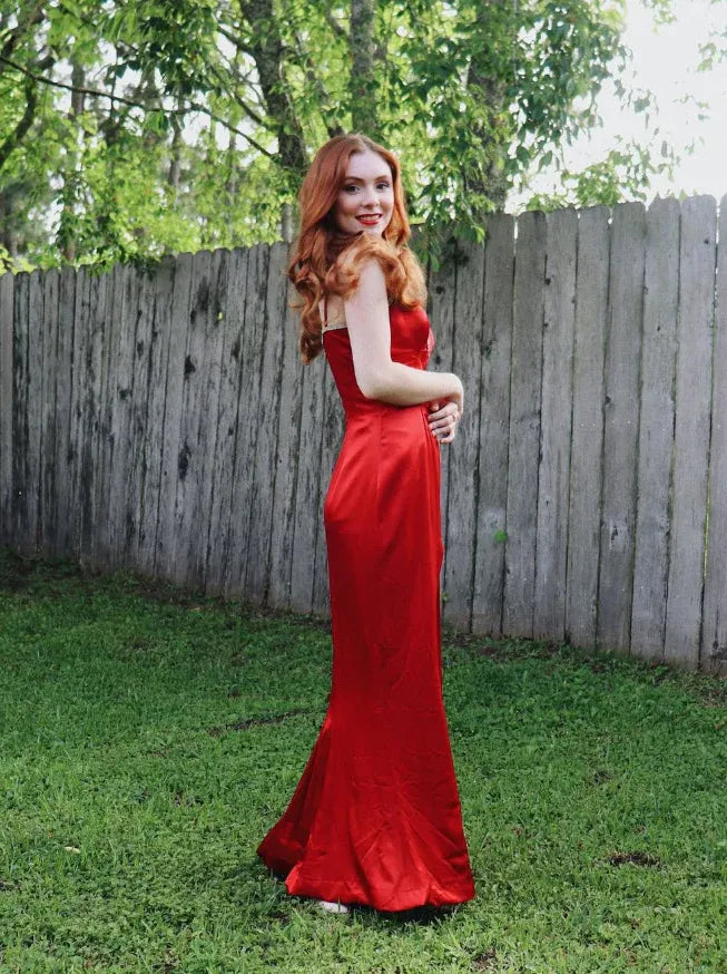 Red Satin Crystal-Embellished Mermaid Gown with High Slit