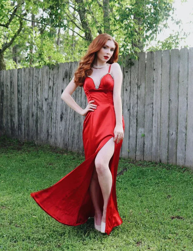 Red Satin Crystal-Embellished Mermaid Gown with High Slit