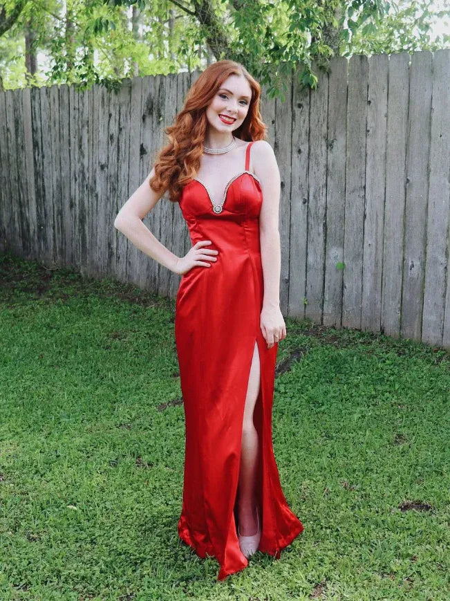 Red Satin Crystal-Embellished Mermaid Gown with High Slit