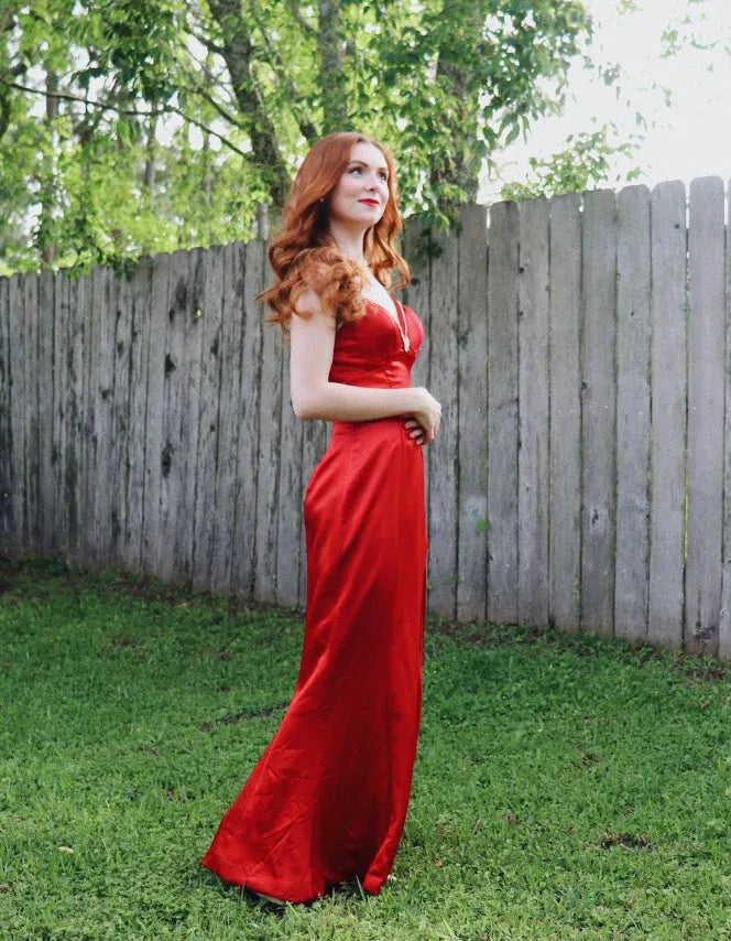 Red Satin Crystal-Embellished Mermaid Gown with High Slit
