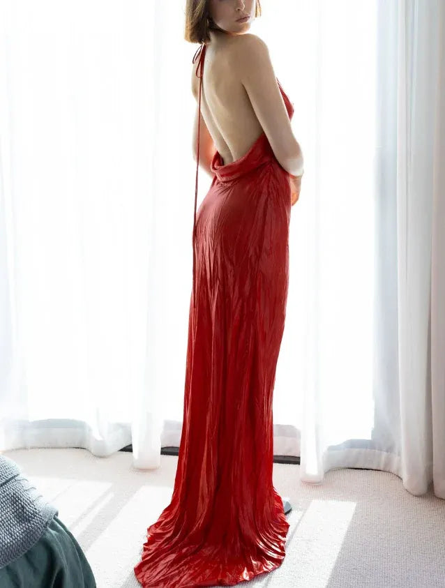 Red Satin Halter Neck Draped Cowl Open Back Maxi Gown