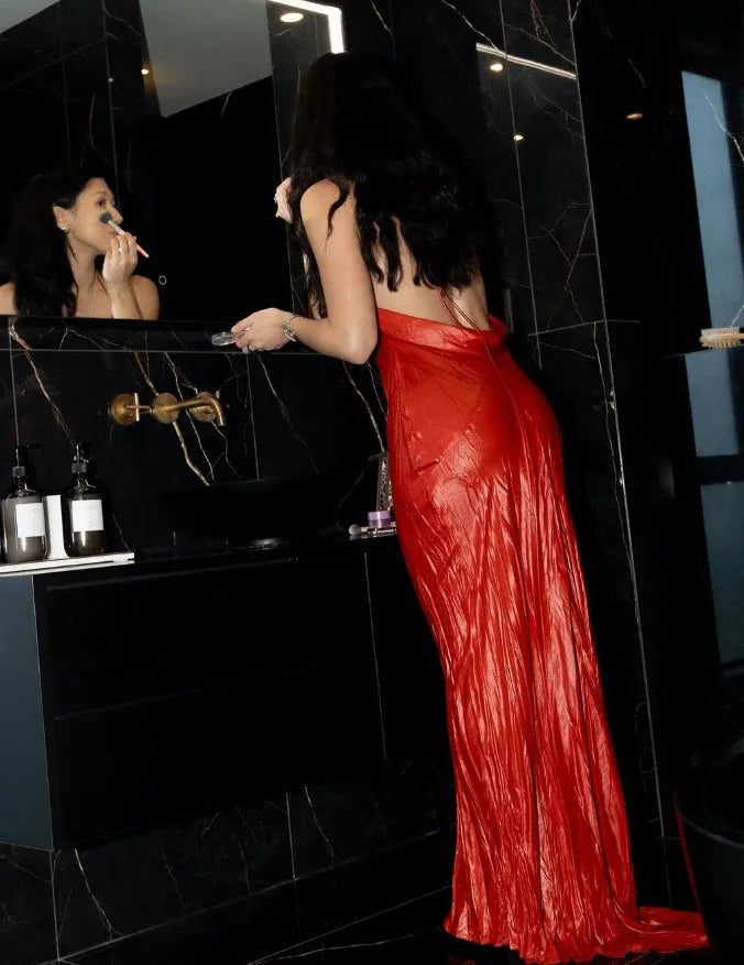 Red Satin Halter Neck Draped Cowl Open Back Maxi Gown
