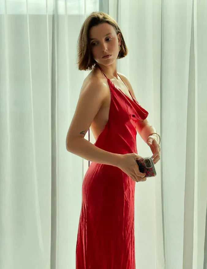 Red Satin Halter Neck Draped Cowl Open Back Maxi Gown