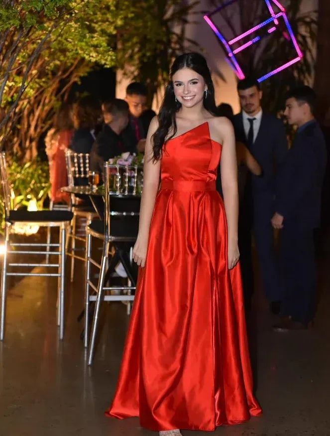 Red Satin One-Shoulder A-Line Ball Gown with Side Slit