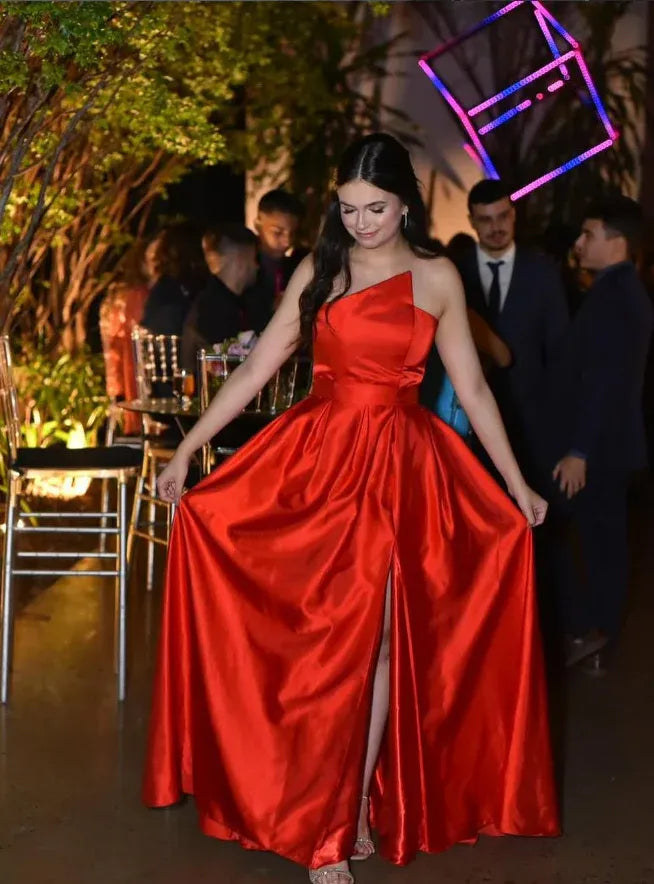 Red Satin One-Shoulder A-Line Ball Gown with Side Slit