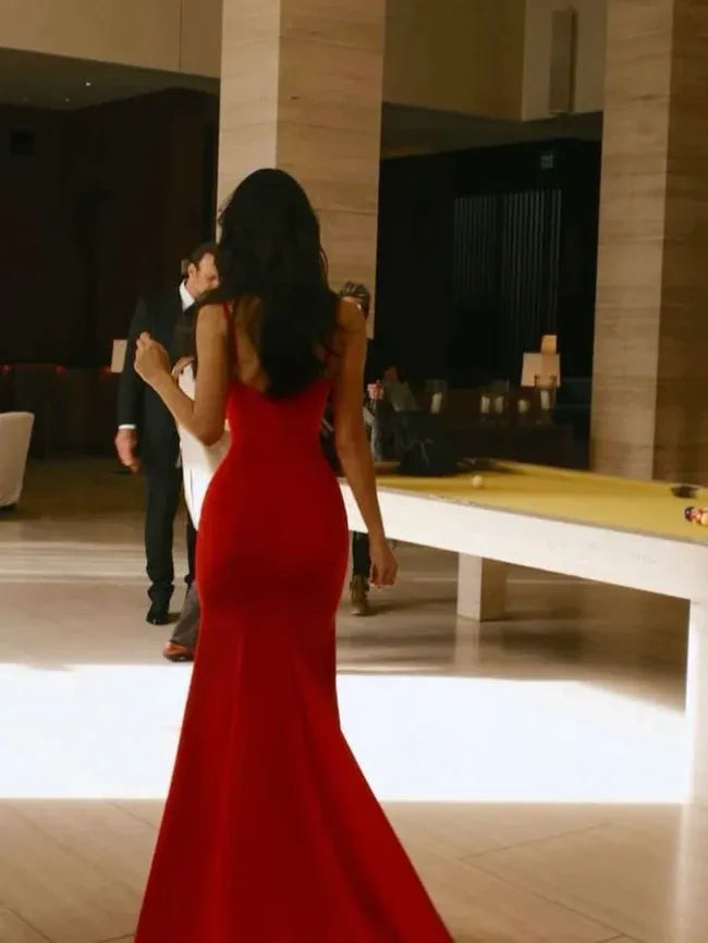 Red Satin Plunging V-Neck Spaghetti Strap Mermaid Maxi Gown with Train