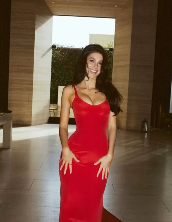 Red Satin Plunging V-Neck Spaghetti Strap Mermaid Maxi Gown with Train