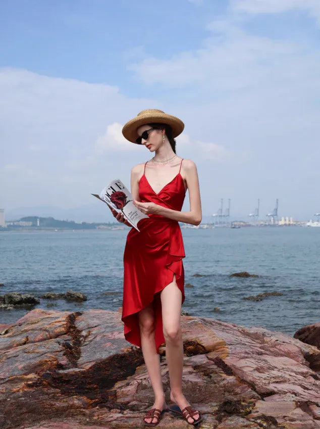 Red Satin Wrap High-Low Dress – Crisscross Back Formal Sundress with Slit