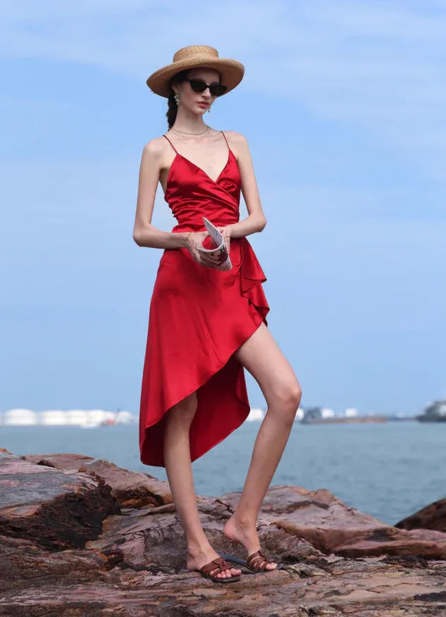 Red Satin Wrap High-Low Dress – Crisscross Back Formal Sundress with Slit