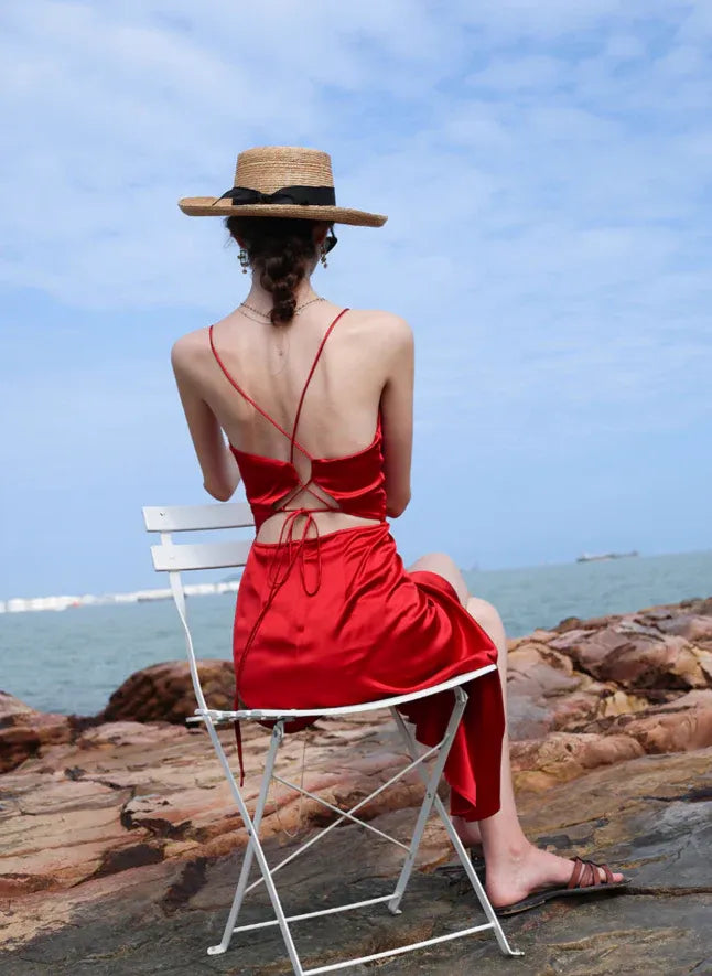 Red Satin Wrap High-Low Dress – Crisscross Back Formal Sundress with Slit