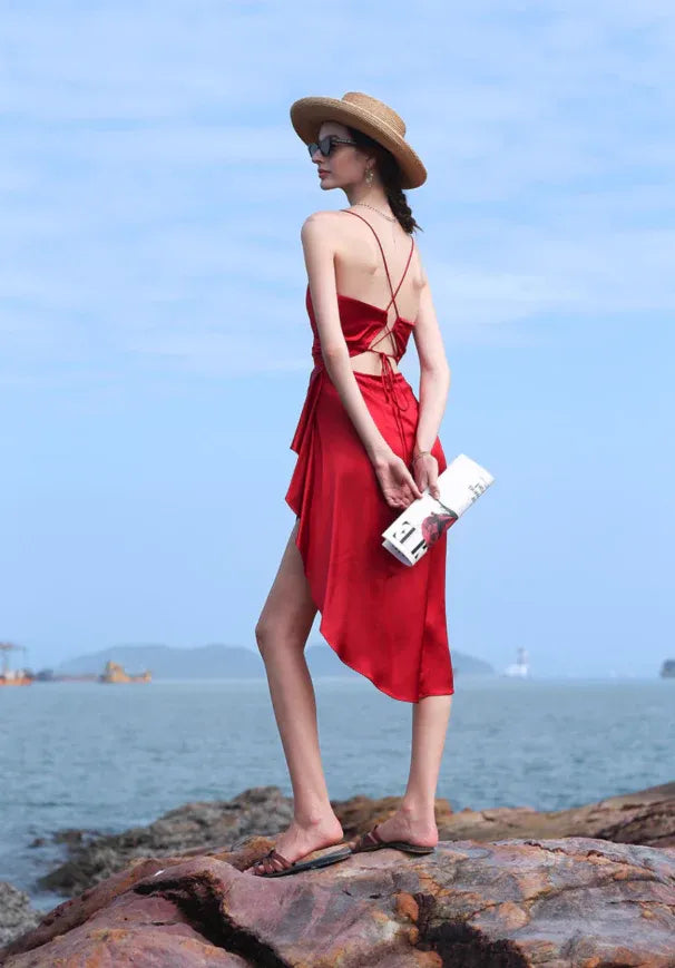 Red Satin Wrap High-Low Dress – Crisscross Back Formal Sundress with Slit