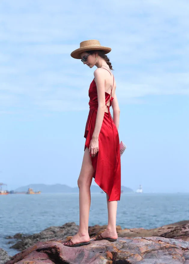 Red Satin Wrap High-Low Dress – Crisscross Back Formal Sundress with Slit