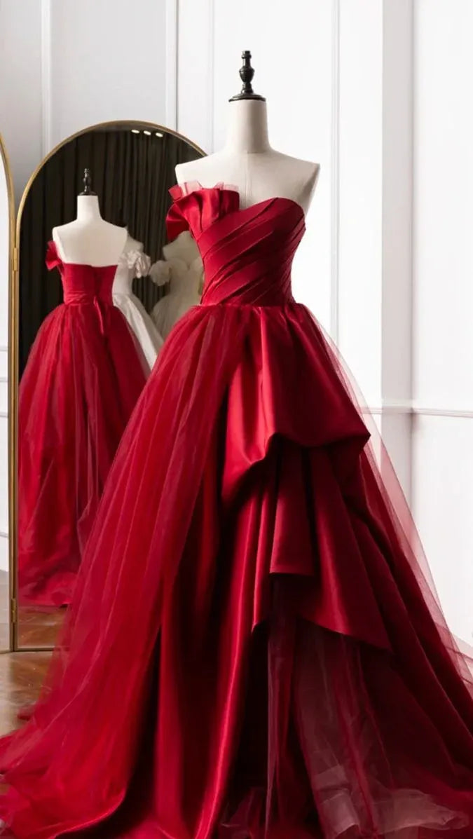 Red Satin & Tulle Off-the-Shoulder Ball Gown with Ruffled Bow