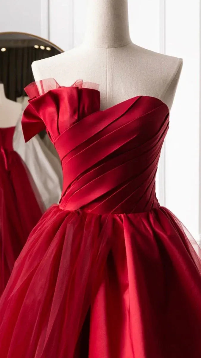 Red Satin & Tulle Off-the-Shoulder Ball Gown with Ruffled Bow