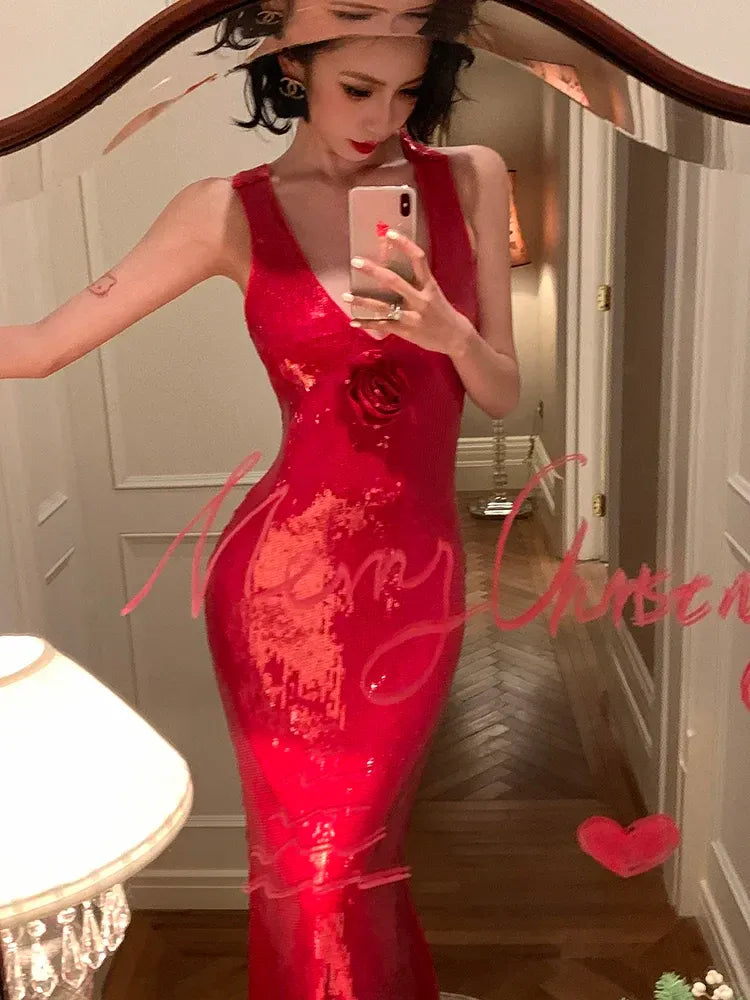 Red Sequin 3D Rose Crisscross Open Back Mermaid Gown