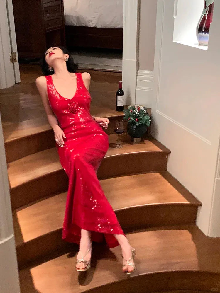 Red Sequin 3D Rose Crisscross Open Back Mermaid Gown
