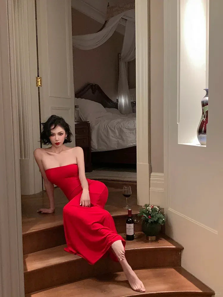 Red Strapless Bodycon Mermaid Maxi Gown with Train