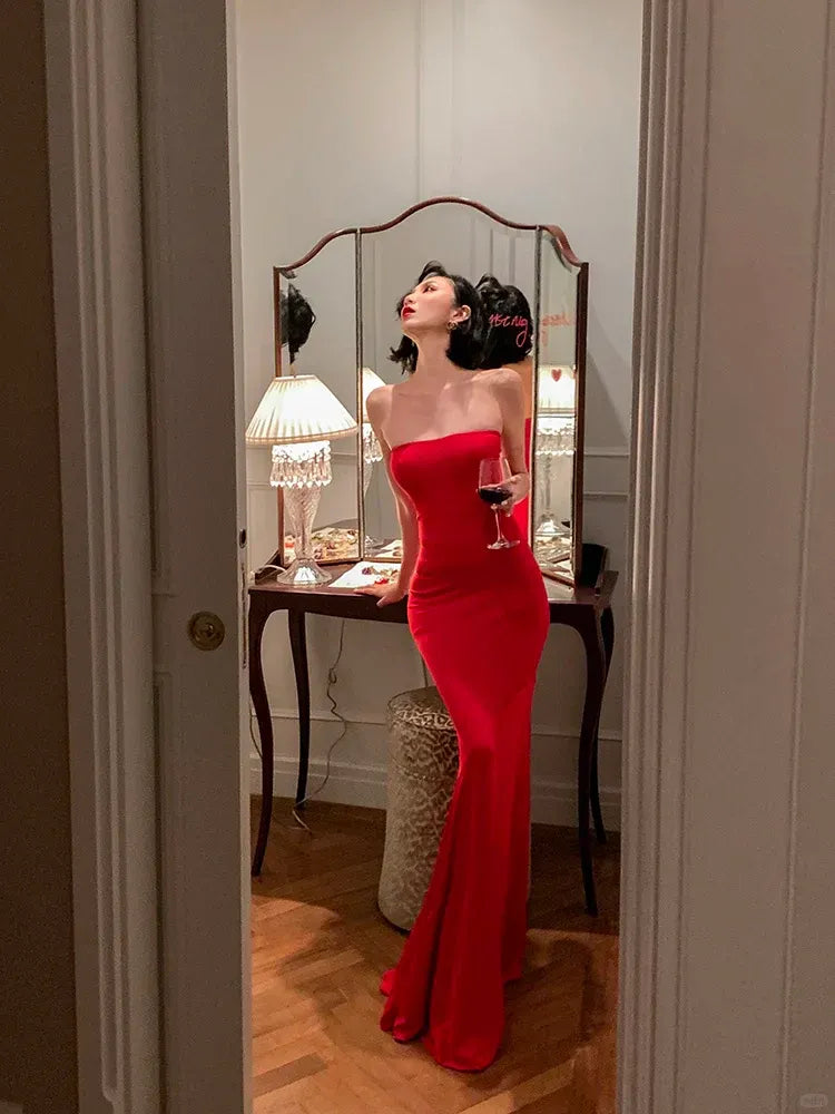 Red Strapless Bodycon Mermaid Maxi Gown with Train