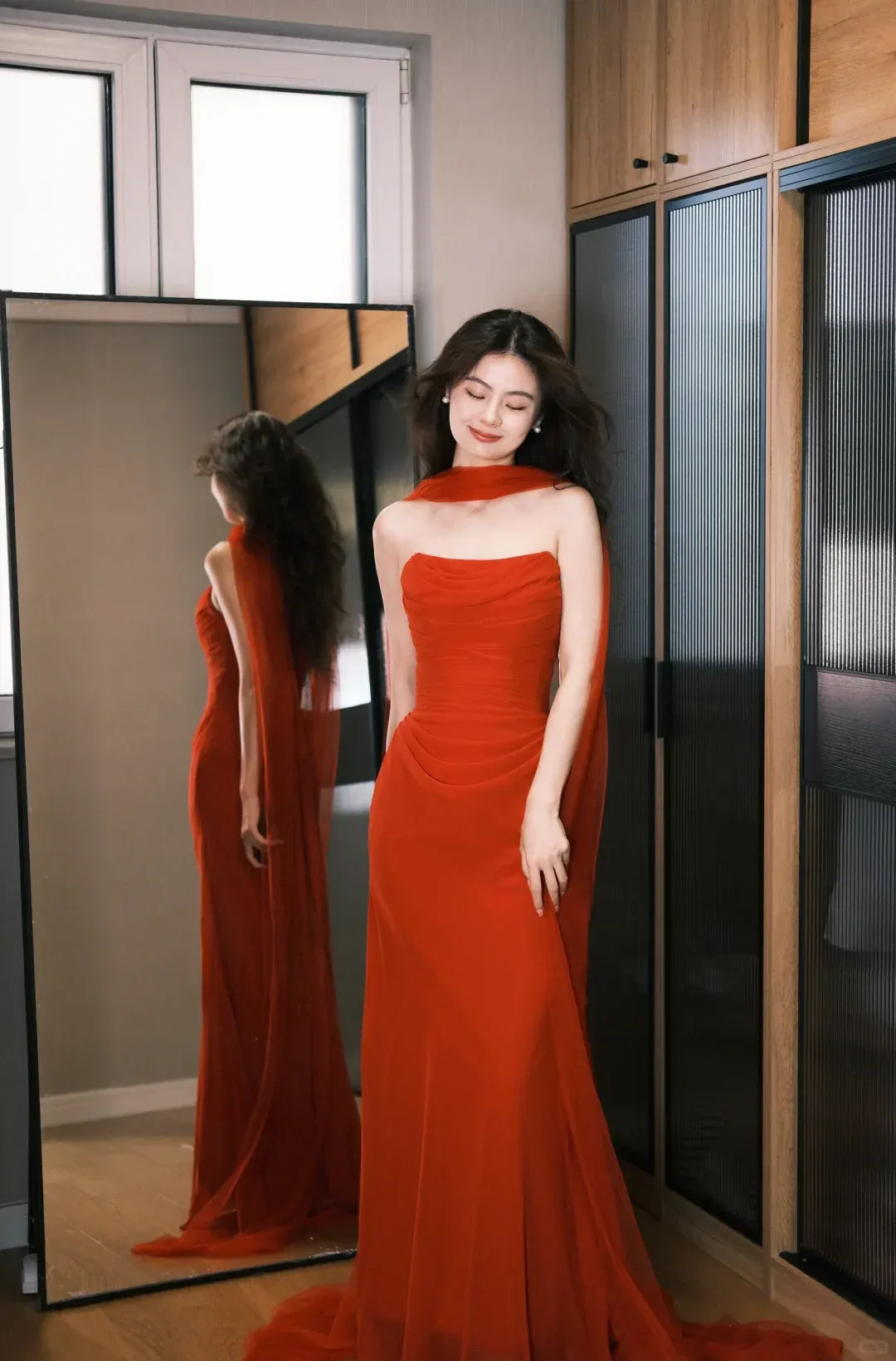 Red Strapless Mesh Maxi Dress with Detachable Train
