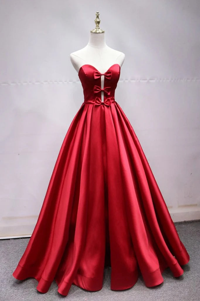 Red Sweetheart Neck Bow Detail Satin Ball Gown with Lace-Up Back
