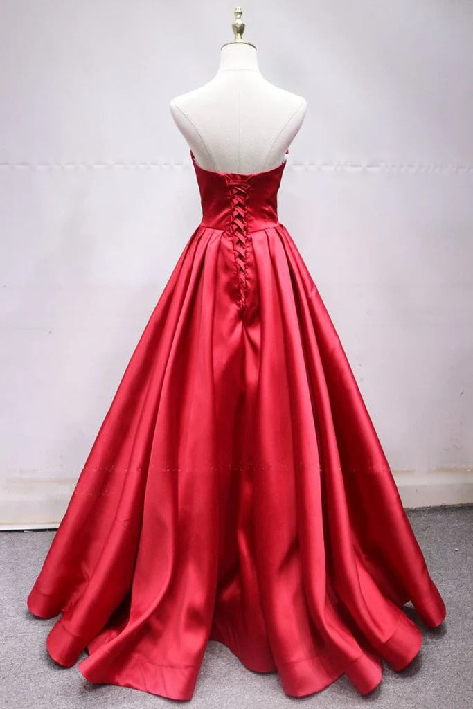 Red Sweetheart Neck Bow Detail Satin Ball Gown with Lace-Up Back
