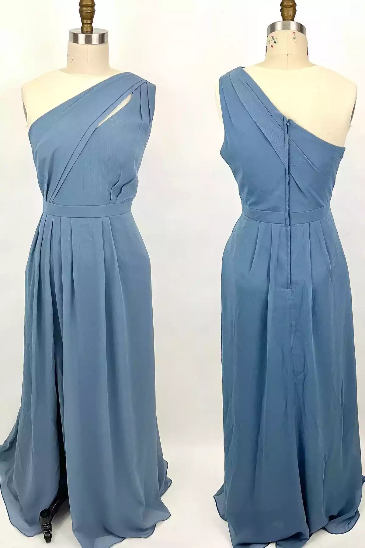 Refined Dusty Blue Asymmetrical Gown with Cutout Detail & Pleated Skirt