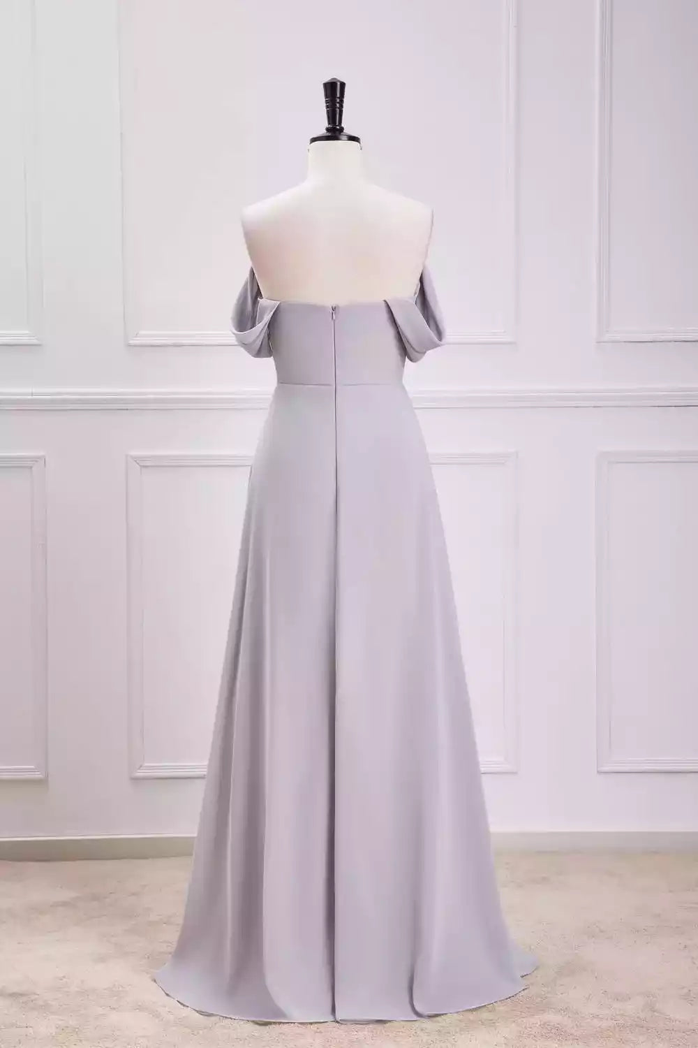 Refined Dusty Lavender Chiffon Gown with Off-the-Shoulder Puff Sleeves & A-Line Silhouette
