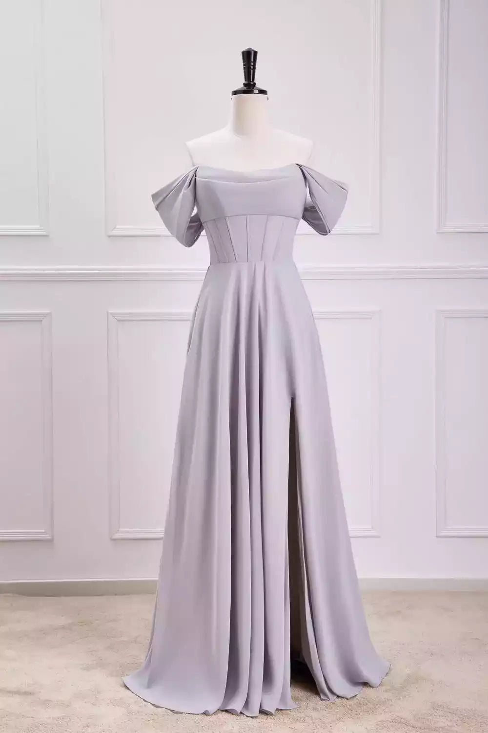 Refined Dusty Lavender Chiffon Gown with Off-the-Shoulder Puff Sleeves & A-Line Silhouette