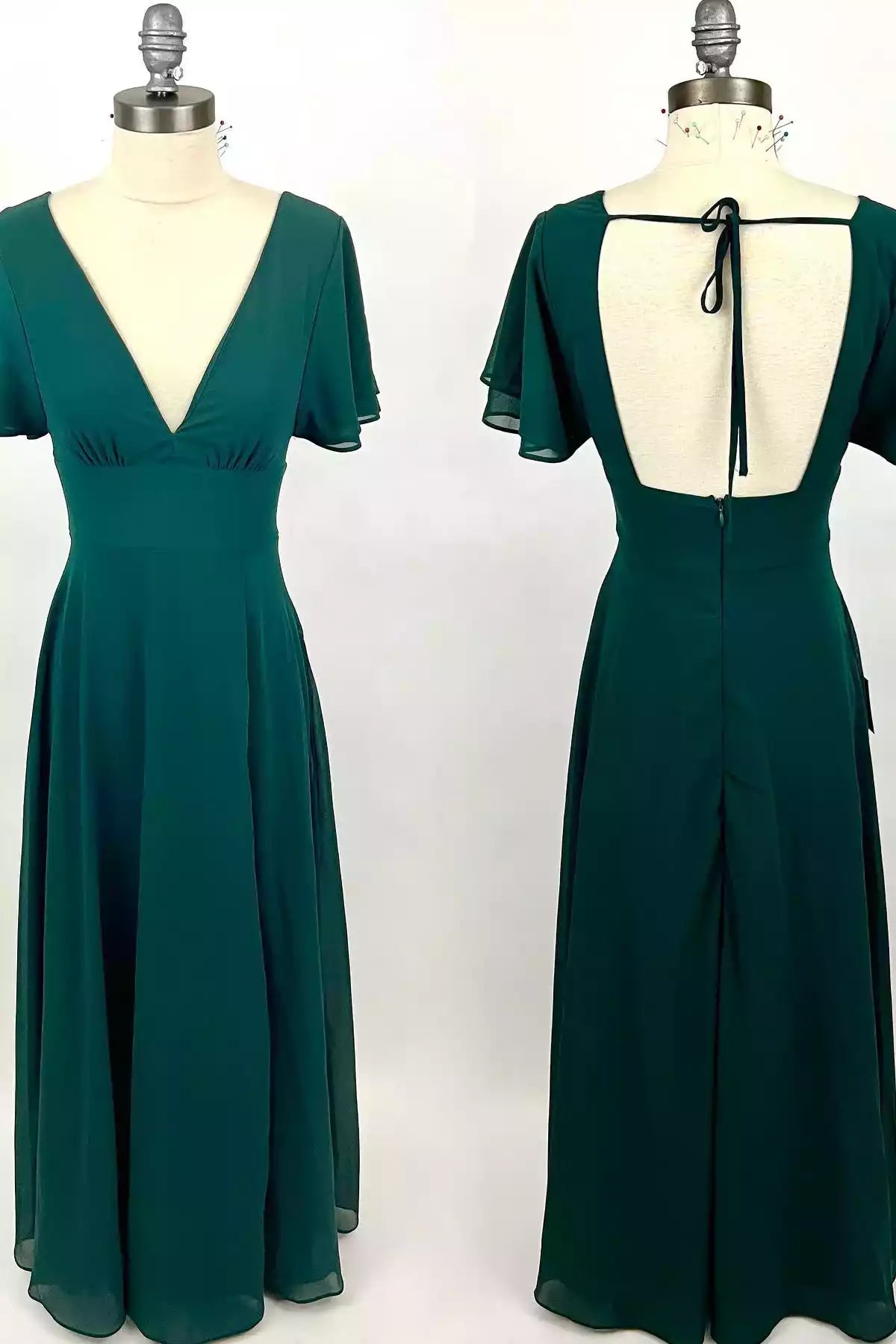 Refined Emerald Chiffon Gown with V-Neck, Flutter Sleeves & Keyhole Back