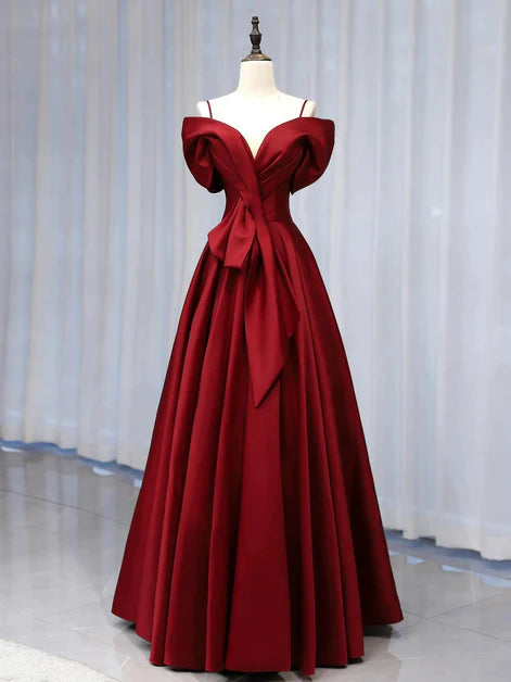 Regal A-Line Off-Shoulder Satin Bow-Accent Back-Zip Floor-Length Evening Dresses